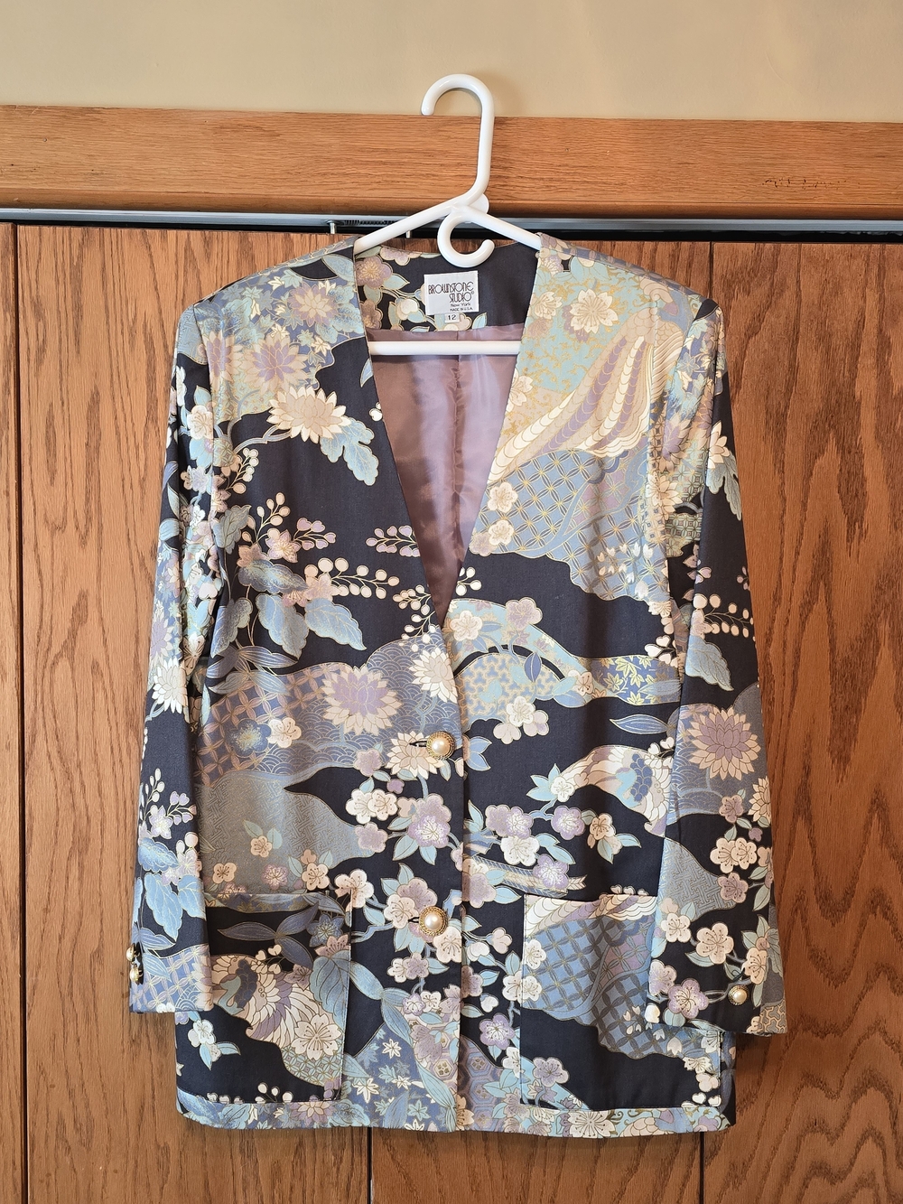 Vintage Brownstone Studio Silk-Blend Floral Blazer Jacket - Navy & Pastel